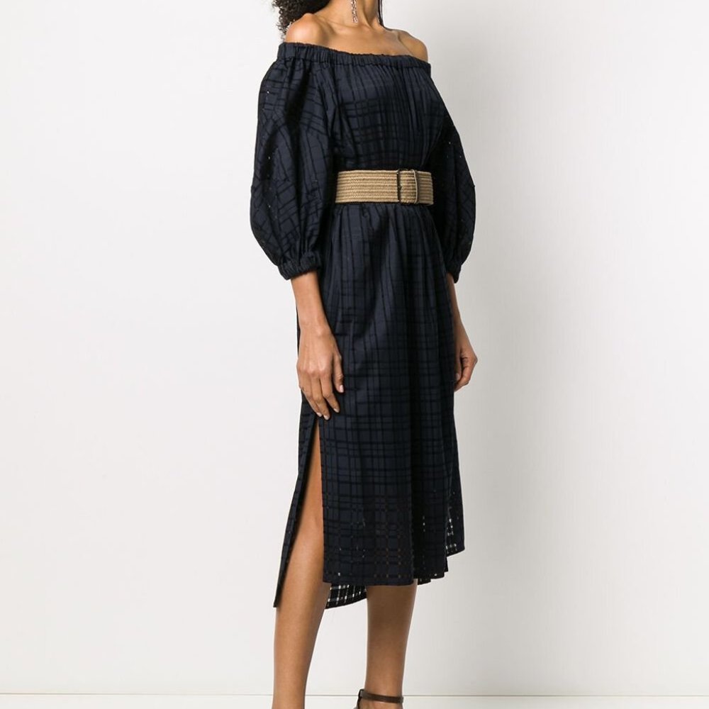Brunello Cucinelli Idi Midi Dress Off Shoulders Navy Raffia Monili Belt Medium - Picture 2 of 15